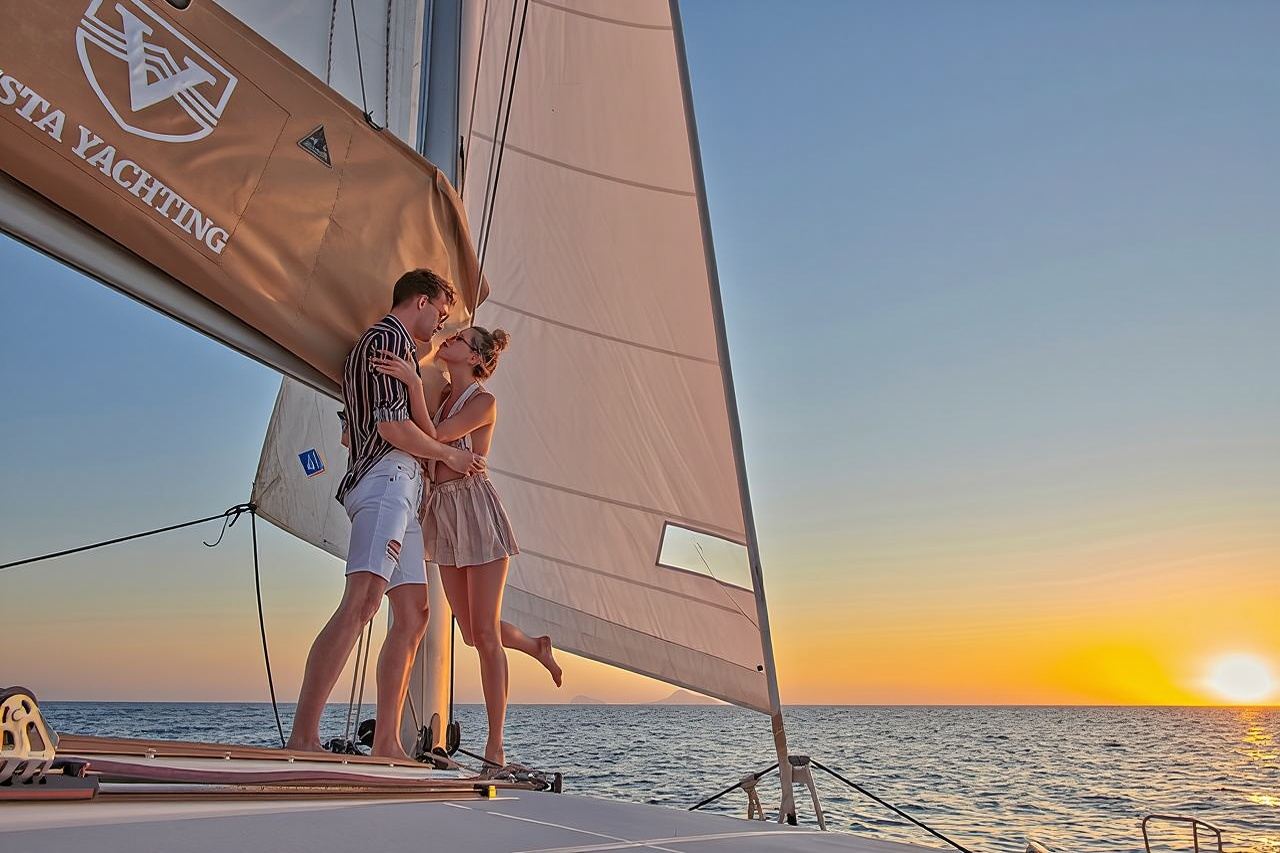 Santorini Platinum Catamaran Cruise with Meal, BBQ and Open Bar