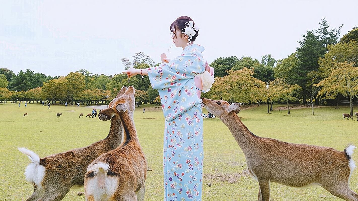 Япония, Нара, аренда кимоно Fuji, парк Нара, святилище Касуга-тайся, гора Вакакуса, храм Тодай-дзи, храм Тосёдай-дзи, олени, аренда кимоно, Киото, бронирование опыта, предварительный заказ, туристическая фотосъемка, храм Киёмидзу, фотосессия