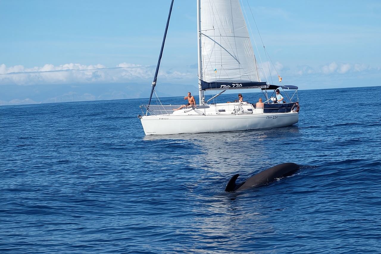 Avistamiento de ballenas y delfines en velero con bebidas, aperitivos y tiempo para nadar