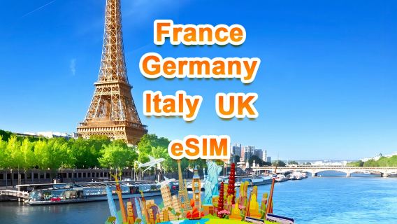 สหราชอาณาจักร ฝรั่งเศส เยอรมนี และอิตาลี 5G eSIM | แพ็กเกจรายวัน/แพ็กเกจรวม | 1-30 วัน | QR code