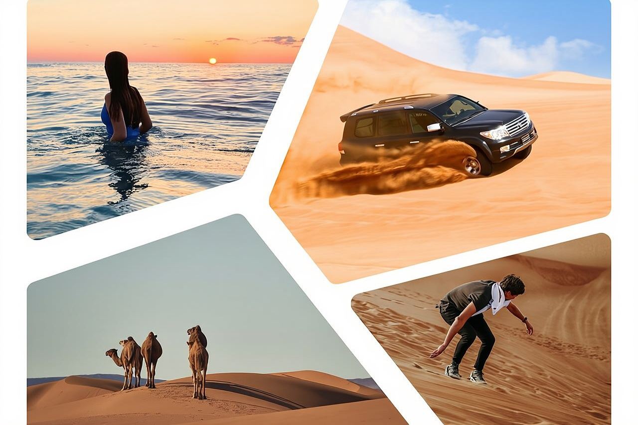 Safari condiviso o privato, sandboarding, giro in cammello, nuotata veloce nel mare interno