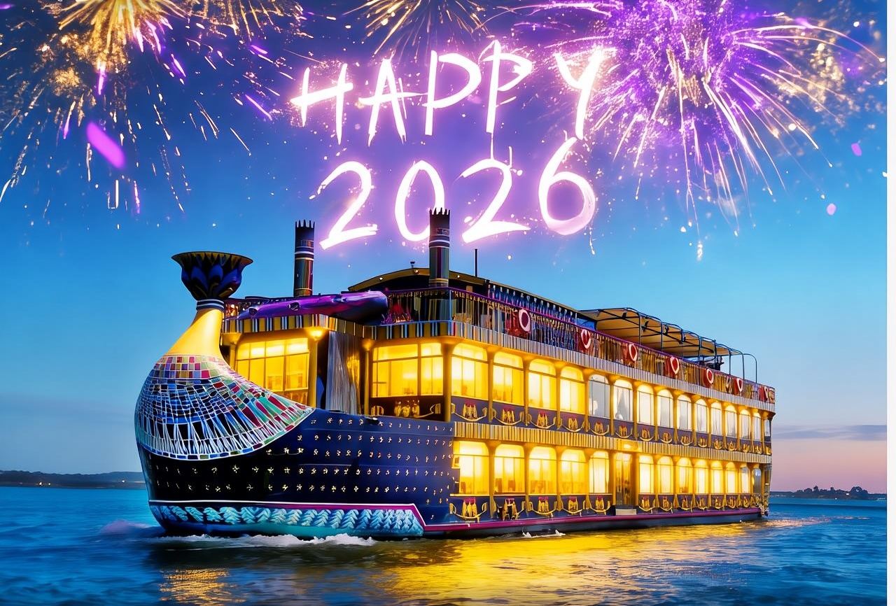 Makan malam bufet di atas pelayaran malam di Sungai Nil, Cairo, Mesir dengan persembahan tarian perut dan tarian putar di kapal Pharaoh.