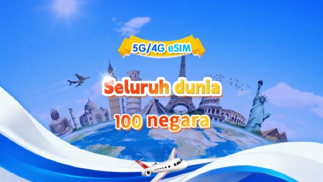 eSIM 5G/4G Global (100 Negara) | Pakej Harian/Jumlah | 500MB/hari - Jumlah 50GB | 1-90 hari | 24 jam | Kod QR