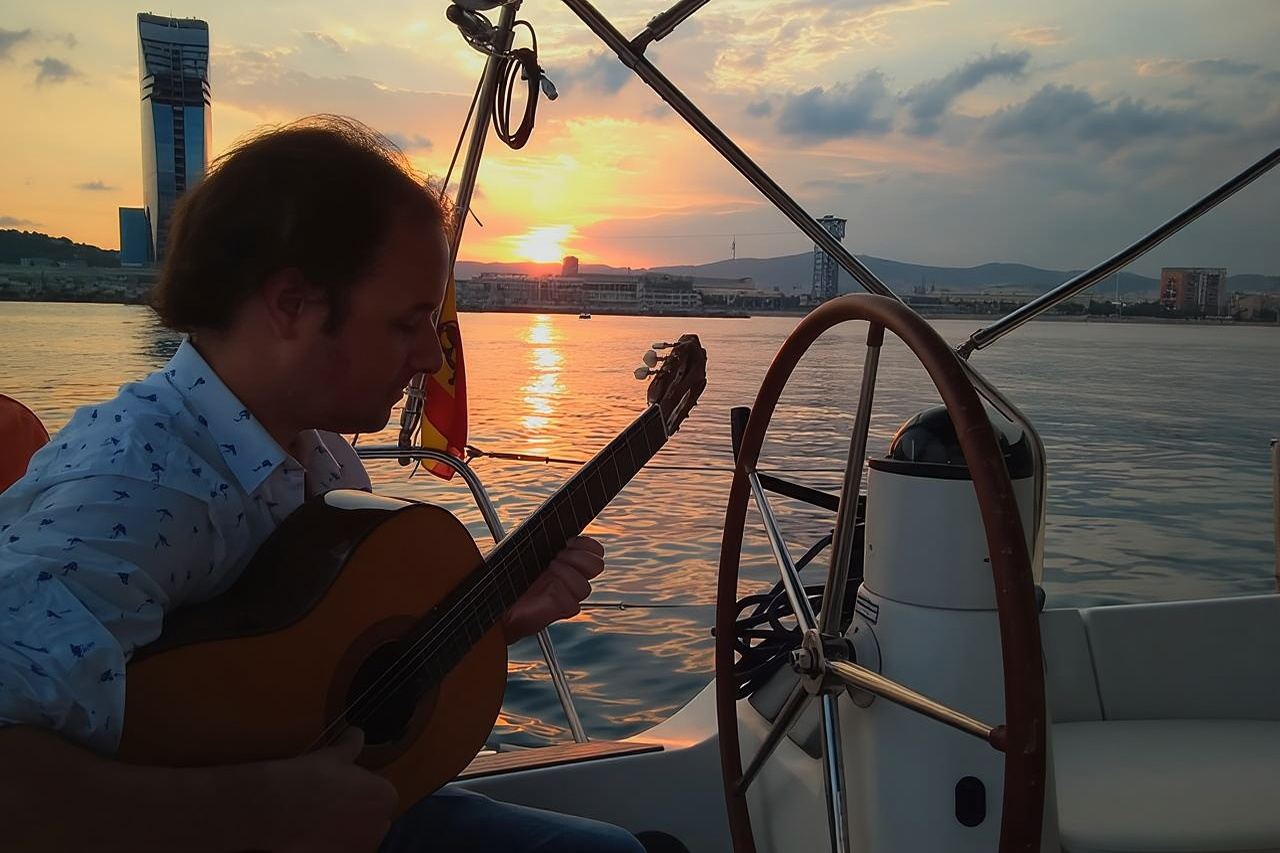 Esperienza di navigazione al tramonto con chitarra spagnola dal vivo e tapas spagnole