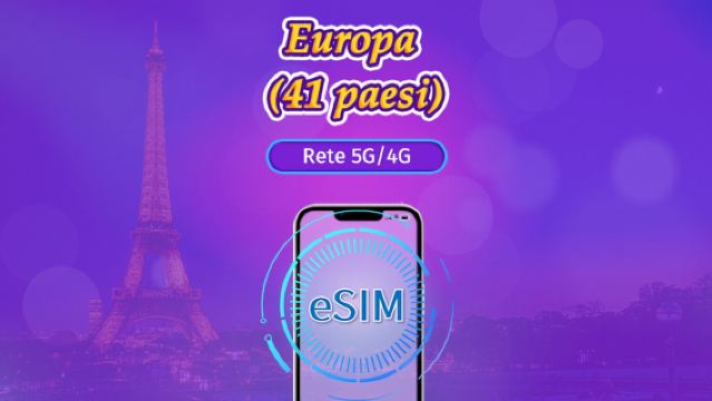 Europa (41 paesi) | eSIM 5G/4G | Pass giornaliero / Pacchetto totale | Addebito al giorno naturale | 1-90 giorni | Codice QR