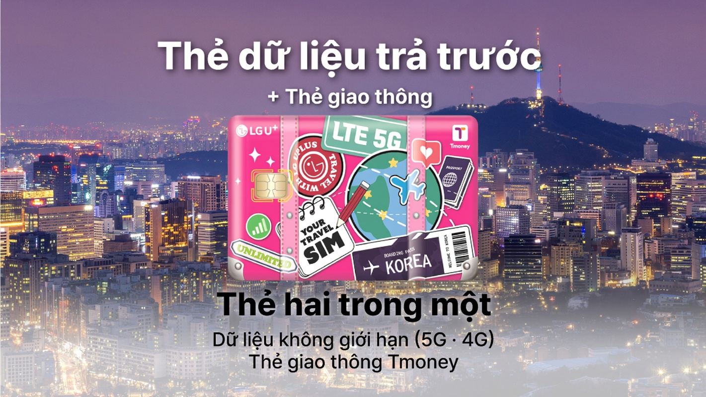 [Hàn Quốc] LG U+ Thẻ kết hợp 2 trong 1 | SIM 4G/5G dữ liệu không giới hạn + Thẻ giao thông Tmoney (từ 3 ngày) | 1-90 ngày | Nhận tại sân bay Incheon, Gimpo, Gimhae