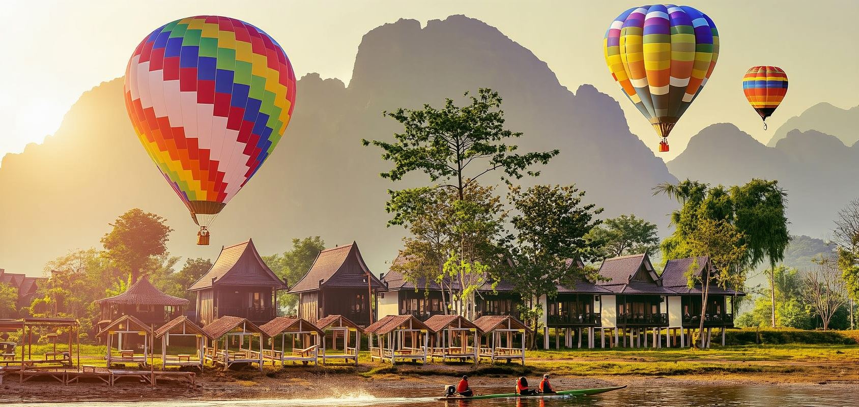 Vang Vieng 1-day tour [Hot air balloon ride + zipline + kayaking + Tham Jang & underwater cave + Lagoon 1]
