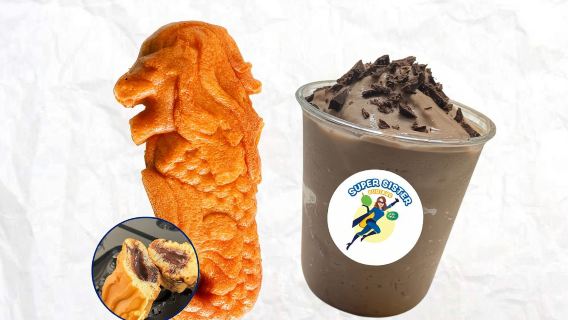 Schokoladen- Paket: Schokoladen-Merlion-Rolle + Schokoladen-Durian-Milchshake