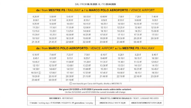 Marco Polo Airport to/from Mestre Train Station: Express Bus