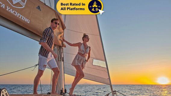 Santorini Gold Catamaran Cruise with BBQ, Drinks and Hotel Pickup