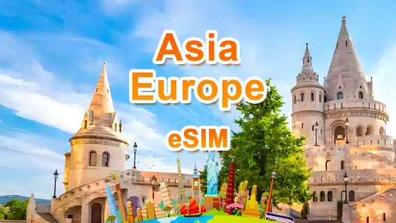 eSIM 4G/5G pour l'Asie et l'Europe (48 pays) | Forfait journalier/Forfait total | 1 à 30 jours | 500 Mo/jour - 30 Go au total | Service 24h/24 | QR code