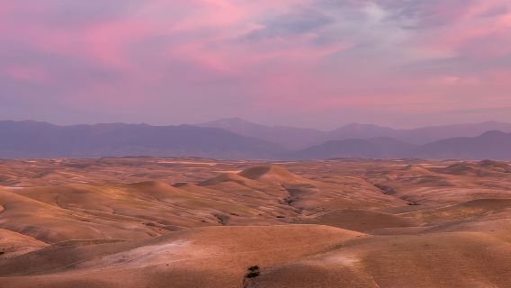 Cena en el desierto de Agafay en un campamento bereber con puesta de sol y espectáculo