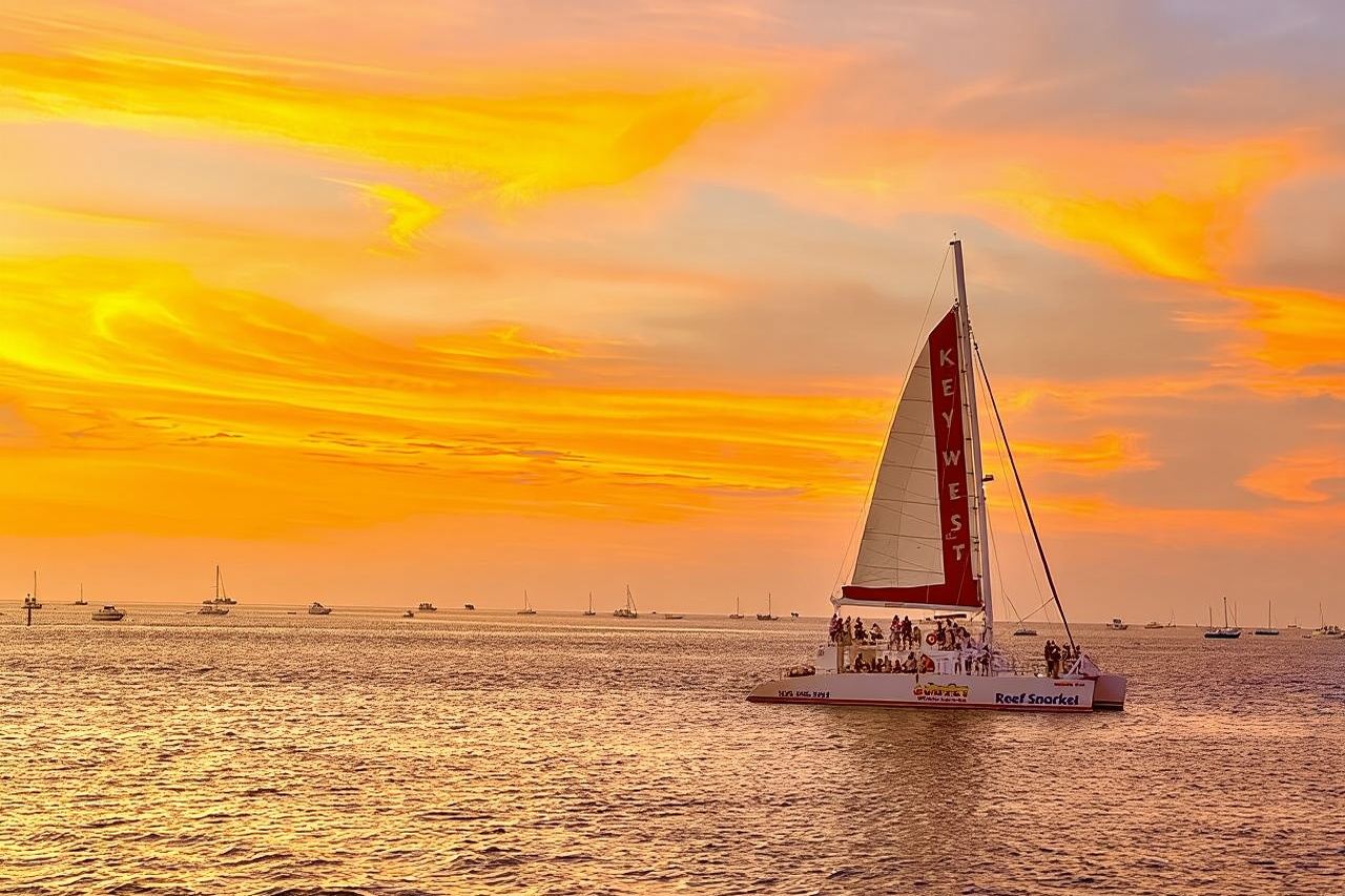 Фирменная парусная прогулка на закате в Ки-Уэсте с живой музыкой, открытым баром и едой.