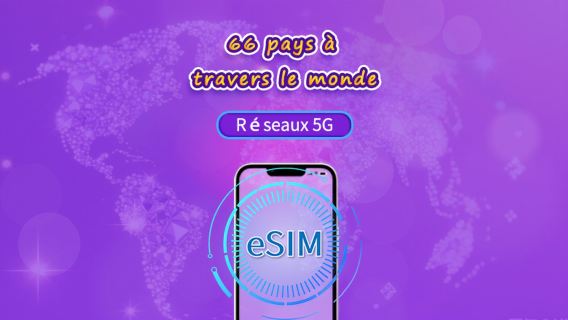 Mondial (66 pays) | eSIM 5G/4G | forfait total | Facturation 24h | 1 à 7 jours | Code QR