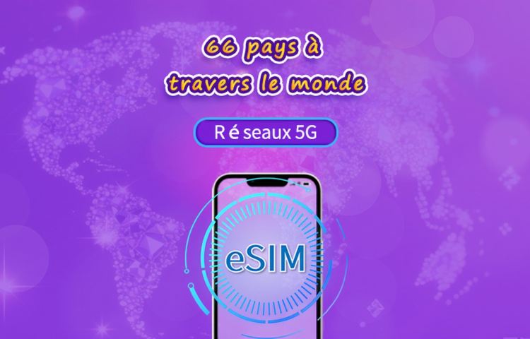 Mondial (66 pays) | eSIM 5G/4G | forfait total | Facturation 24h | 1 à 7 jours | Code QR
