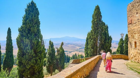 Excursión de día completo al Val d'Orcia y los Campos de Gladiadores con degustación de vinos