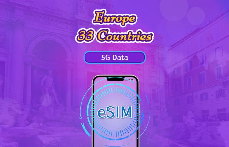 Europe (33 countries) | 5G/4G eSIM | Day Pass/Total Package | Natural Day Billing | 1-90 days | QR code