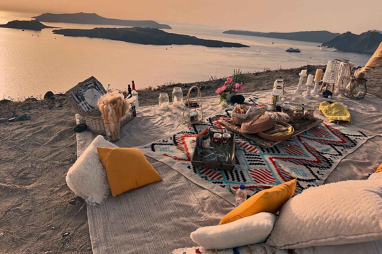 Esperienza privata di picnic al tramonto a Santorini