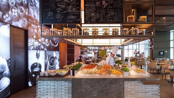 Pemandangan indah dari tingkat 43 Nanshan di Shenzhen Marriott Hotel Nanshan|Restoran Buffet Shang Shan Nanshan|bufet makan malam bufet tengah hari