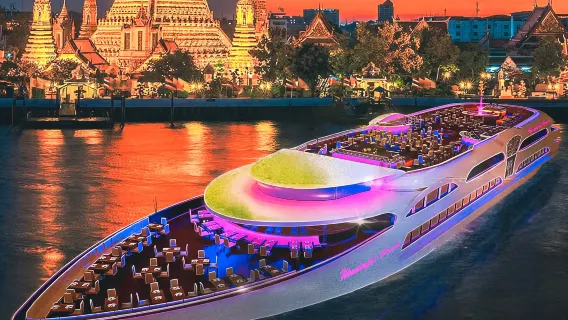 Nachtbootsfahrt auf dem Chao Phraya in Bangkok – Wählen Sie zwischen Glitzernde Perle/Royal Princess/Magnolia/Oriental Queen/Oriental Tara (mit Büfett-Abendessen und Unterhaltung)