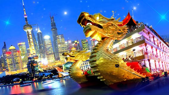 Makan malam bufet pelayaran viral di Sungai Huangpu Shanghai, pelayaran malam di Sungai Huangpu, Bund, Menara Oriental Pearl, Lujiazui, kapal pesiar besar (Kapal Naga/Puteri Kristal/Cahaya Shencheng) termasuk tiket kapal dengan makan.