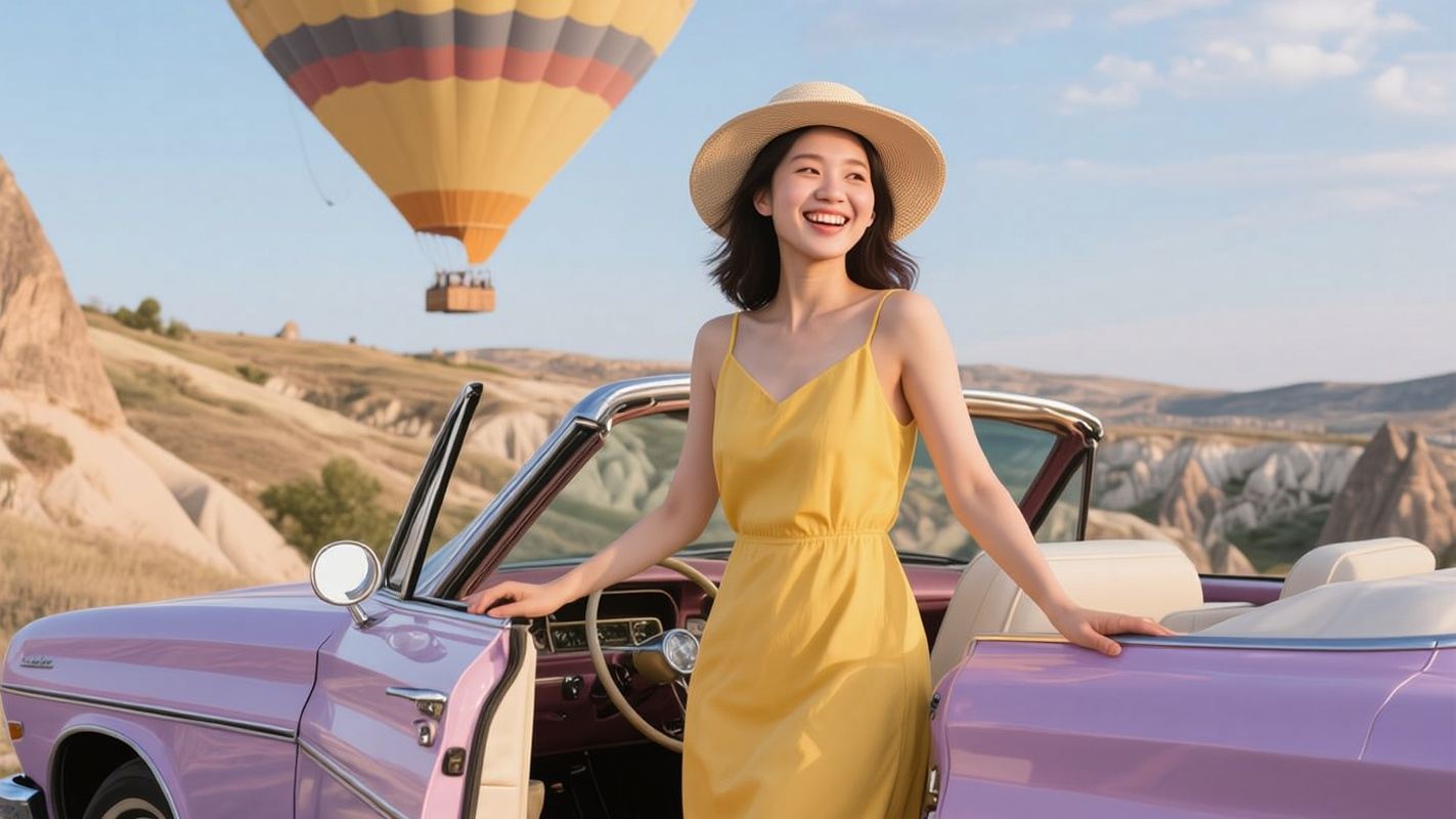 トルコ・カッパドキア ギョレメ ヴィンテージカー貸切チャーターで熱気球を追う【送迎付き+日の出・日没】