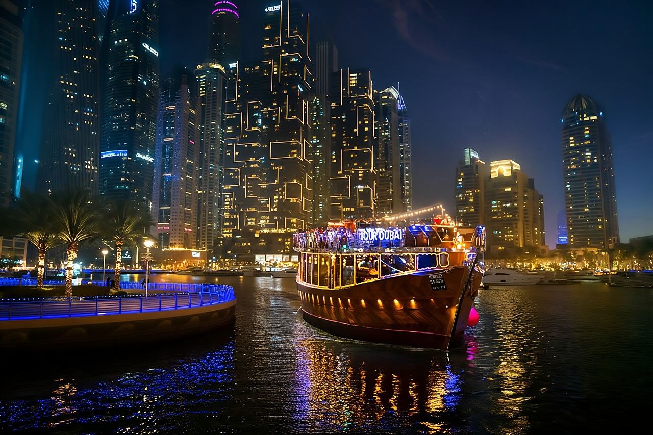 Dubai Marina: Luxuriöse Dhow-Dinner-Kreuzfahrt mit Hoteltransfer