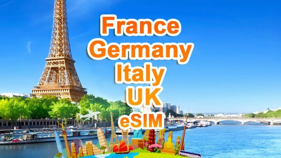 eSIM 5G per Regno Unito, Francia, Germania e Italia | Pacchetto giornaliero/Pacchetto totale | 1-30 giorni | Codice QR