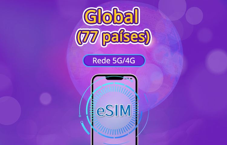 eSIM Global (77 países) 5G/4G | Compatível com Google Maps/TikTok/ChatGPT | Plano de dados | Cobrança a cada 24 horas | 1–7 dias | Código QR