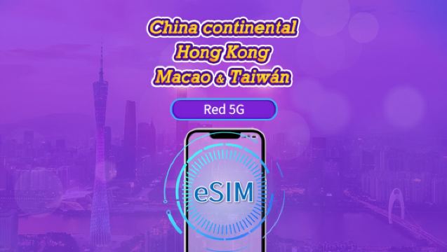 China Continental/Hong Kong/Macao/Taiwán | eSIM 5G | Pase diario/Paquete total | 24H | 1-30 días | Código QR