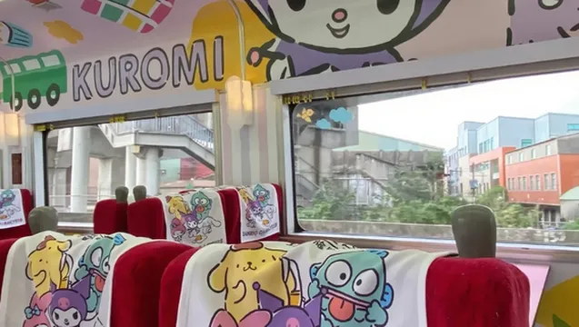 Sanrio themed Formosa Express sightseeing train interior in Taiwan with colourful character decorations