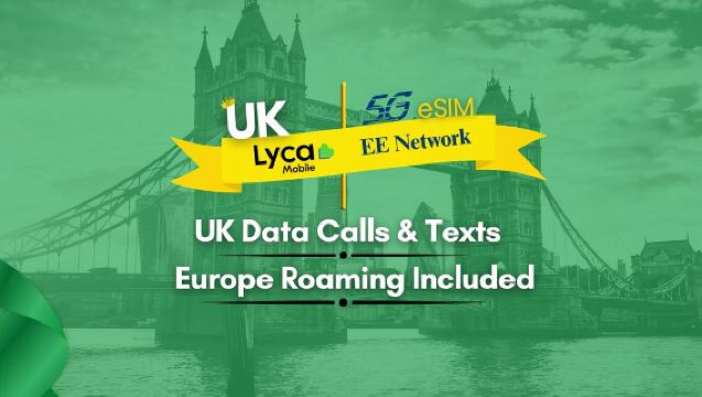 Vereinigtes Königreich Lyca 4G/5G eSIM | Insgesamt 30GB/75GB/120GB | Anrufe + SMS | Roaming in Europa | Natürlicher Tag | 30 Tage | QR-Code