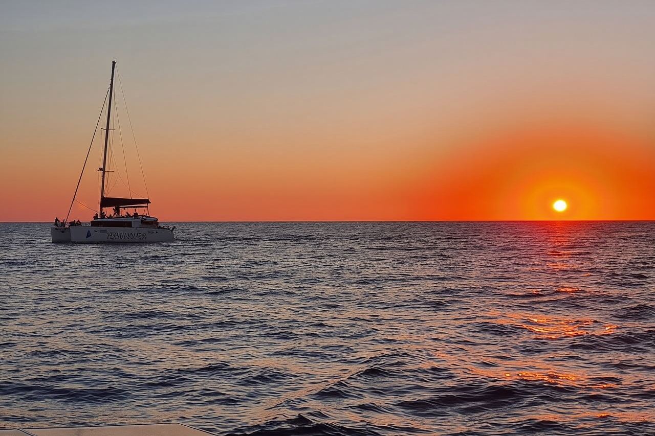 Klassische Katamaran-Kreuzfahrt auf Santorini mit Grillen, Getränken und Transfers