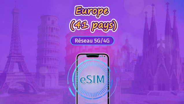 Europe (41 pays) | eSIM 5G/4G | Forfait journalier/forfait total | Facturation par jours naturels | 1 à 90 jours | Code QR