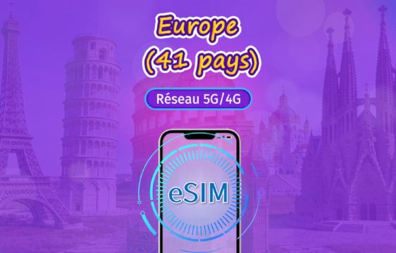Europe (41 pays) | eSIM 5G/4G | Forfait journalier/forfait total | Facturation par jours naturels | 1 à 90 jours | Code QR