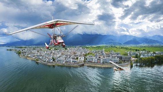 雲南大理洱海動力三角翼/旋翼機飛行駕駛體驗【飛行送免費視頻/可選燒烤下午茶茶餅製作等其他活動】