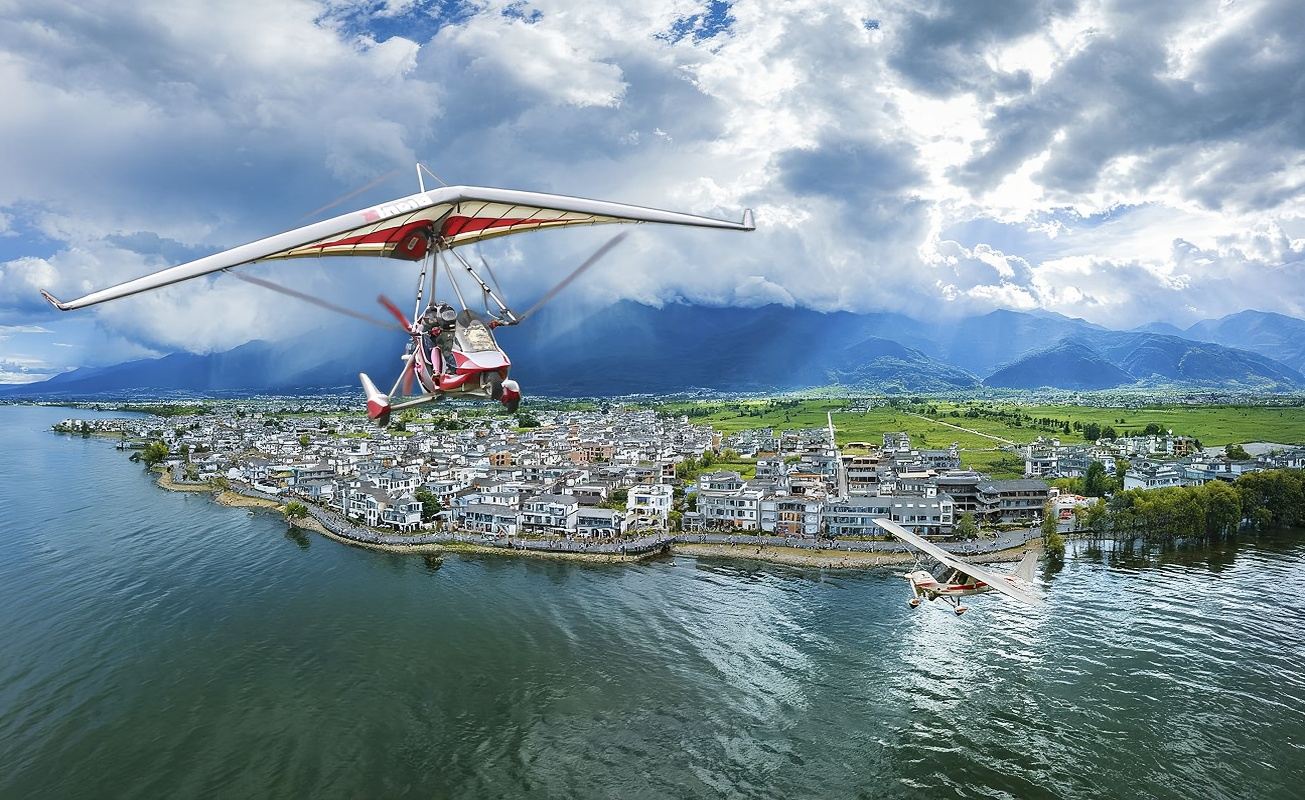 雲南大理洱海動力三角翼/旋翼機飛行駕駛體驗【飛行送免費視頻/可選燒烤下午茶茶餅製作等其他活動】