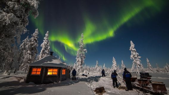 Finnish Saariselka Aurora chasing options include lakeside/camp/snowmobile/sled or hiking Aurora chasing options