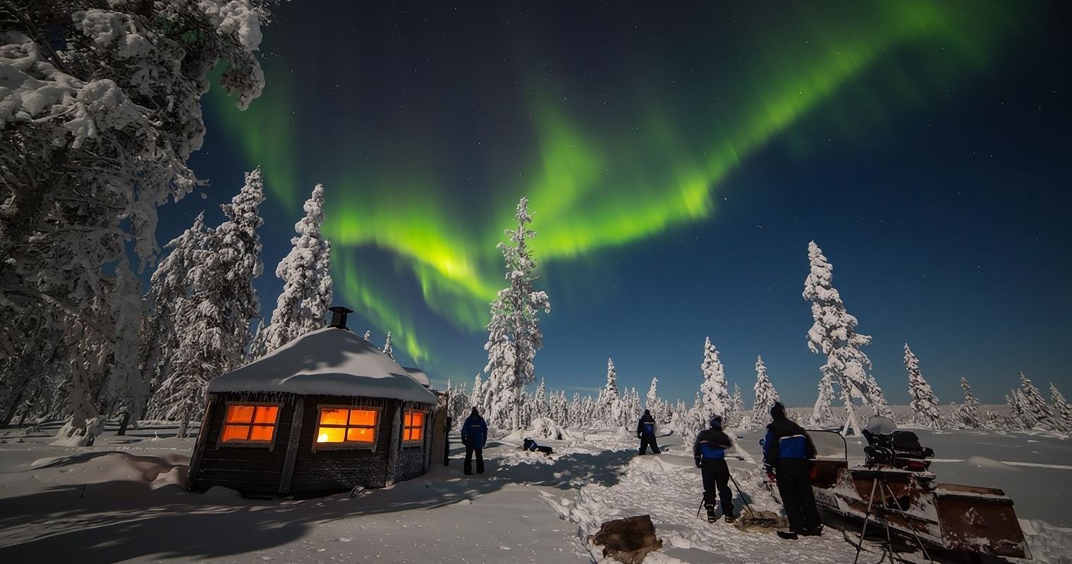 Finland Saariselkä Aurora Chasing Experience with Options by the Lake/Camp/Snowmobile/Sled or on Foot