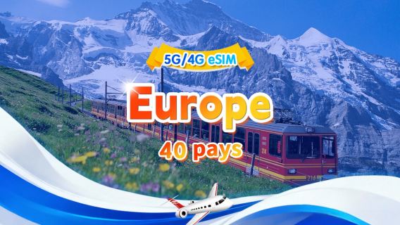 eSIM 5G/4G européenne | Forfait journalier/Forfait total | 500 Mo/jour - 30 Go au total | 1 à 30 jours | Système 24h/24 | QR code