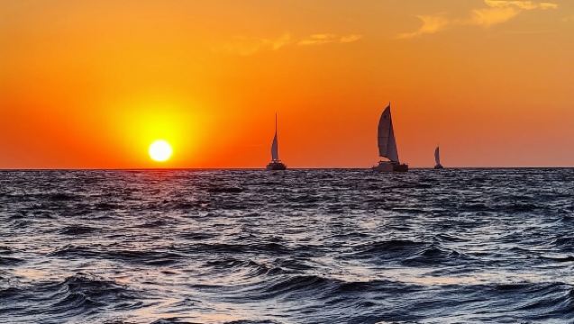 Luxus-Katamaran-Segelboot Sunset-Rundfahrt in Santorini, Griechenland | Inklusive Grillabendessen, Getränke und Transfer