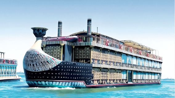 makan malam prasmanan malam di kapal pesiar pesiar Sungai Nil di Kairo, Mesir, kapal pesiar Firaun, tari perut, dan pertunjukan darwis berputar.