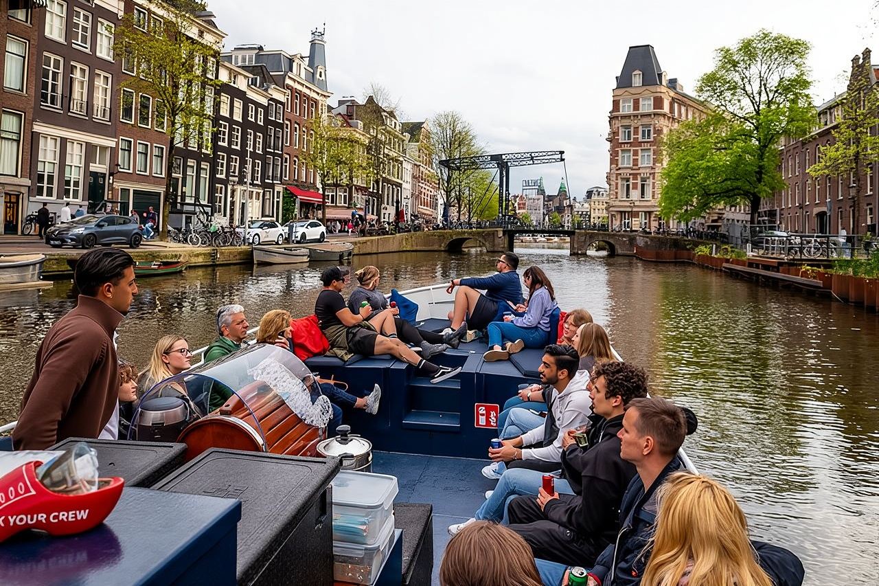 Amsterdam Open Boat Cruise with Live Guide and Two Drinks