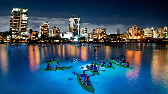 Recorrido nocturno en kayak con luces LED en la laguna del Condado