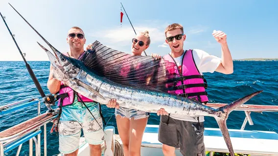 Featured tour with 3 reviews: 1-day tour of shared boat sea angling from Phuket to Racha Yai Island with optional private boat for snorkeling and onboard fresh seafood preparation