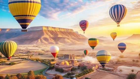 Montgolfière à Louxor en Égypte : vue aérienne sur la Vallée des Rois, le temple de Karnak, le Nil et le temple de la Reine pour admirer le lever du soleil