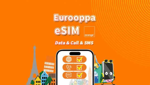 Euroopan Orange eSIM | 5G/4G | 20GB/50GB/100GB kokonaismäärä | Ranskalainen numero, puhelut ja tekstiviestit mukaan lukien | QR-koodi