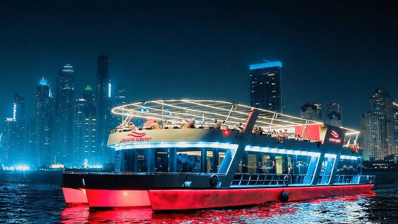 Luxury Dubai Sunset & Dinner Cruise (90min) on Glass Boat with International Buffet & Live Music