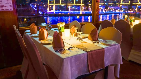 Dubai Marina Dinner Dhow Cruise with International Buffet, Live Music & Tanoura Show