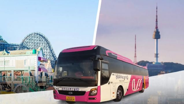 Round-trip shuttle bus ticket from Seoul city center to Everland with direct service, optional stops including Hapjeong, Hongik University, Seoul, Jongno 3-ga, Myeongdong, Dongdaemun, and Hongik University.